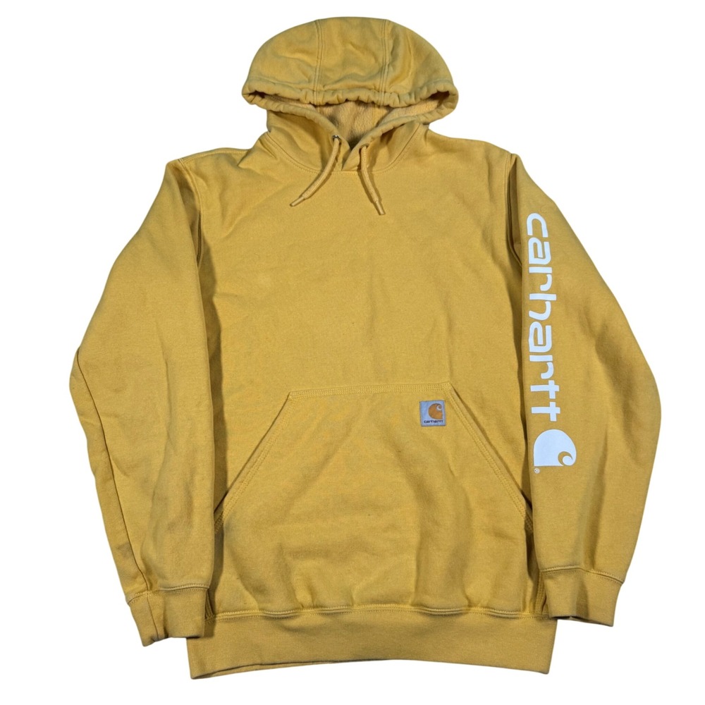 Carhartt Hoodie Men's S Yellow K288 Graphic Sleeve Loose Fit Workwear Sweatshirt